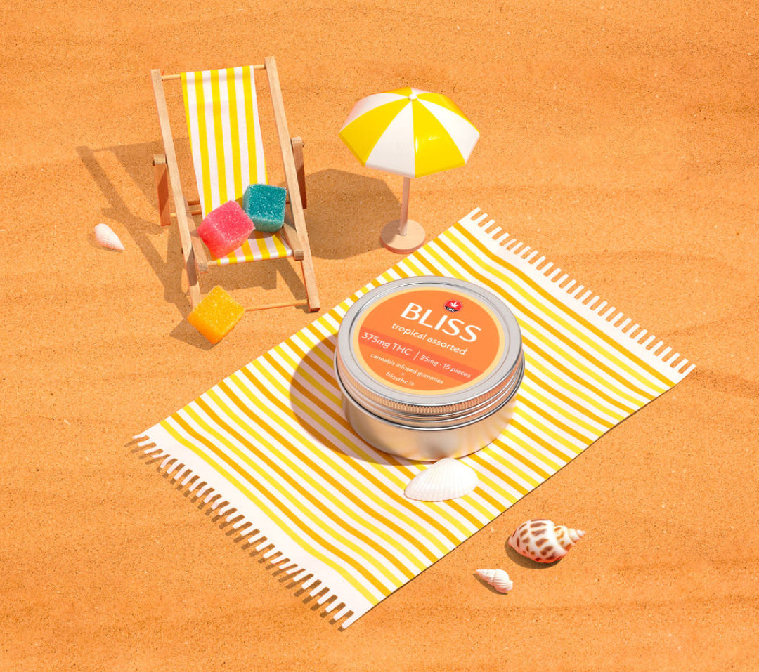 Bliss edibles client photography with their product photography showcasing the beach